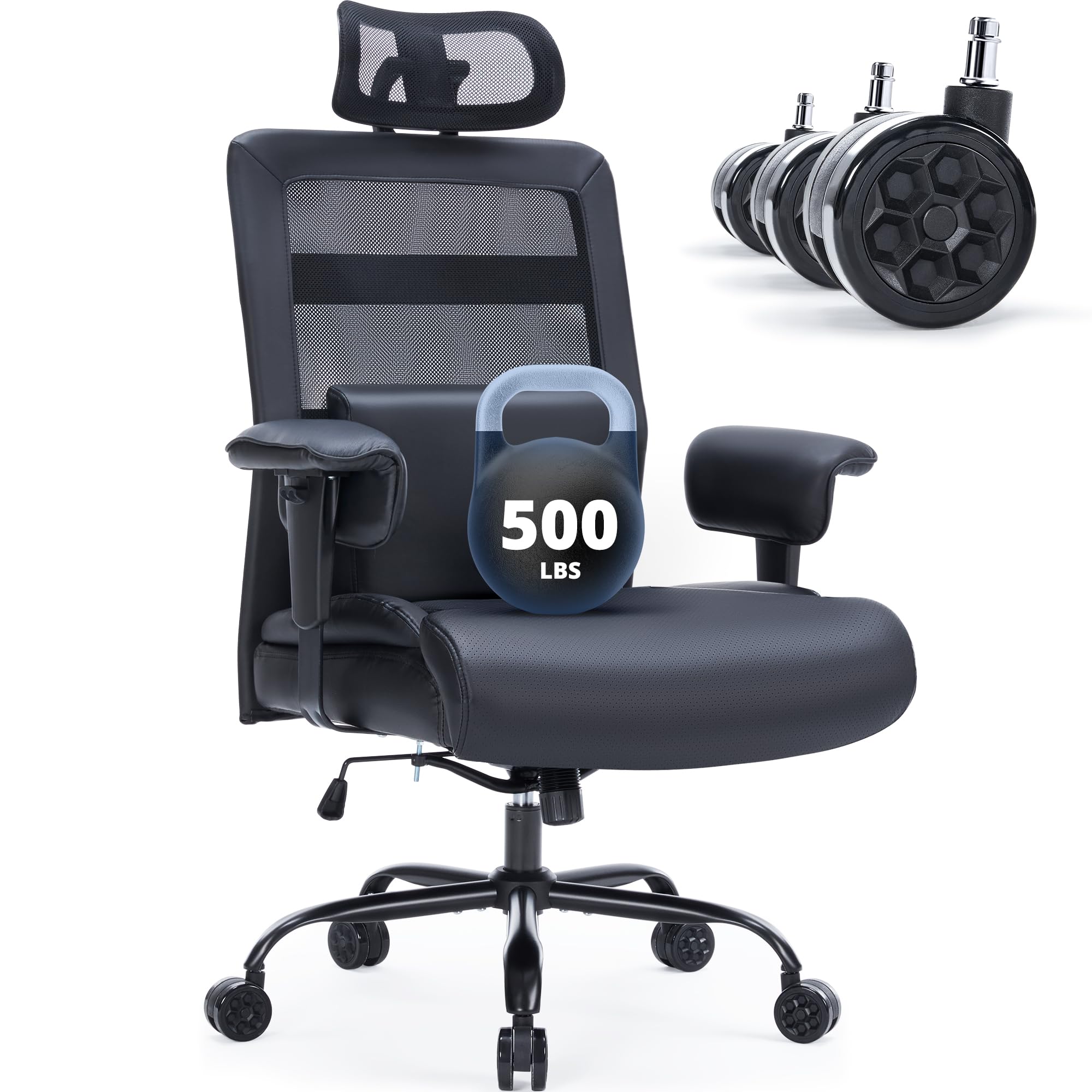 500Lbs Big And Tall Office Chair, Plus Size Computer Chair With Extra Wide Seat Large Wheels, Heavy Duty Executive Office Chairs